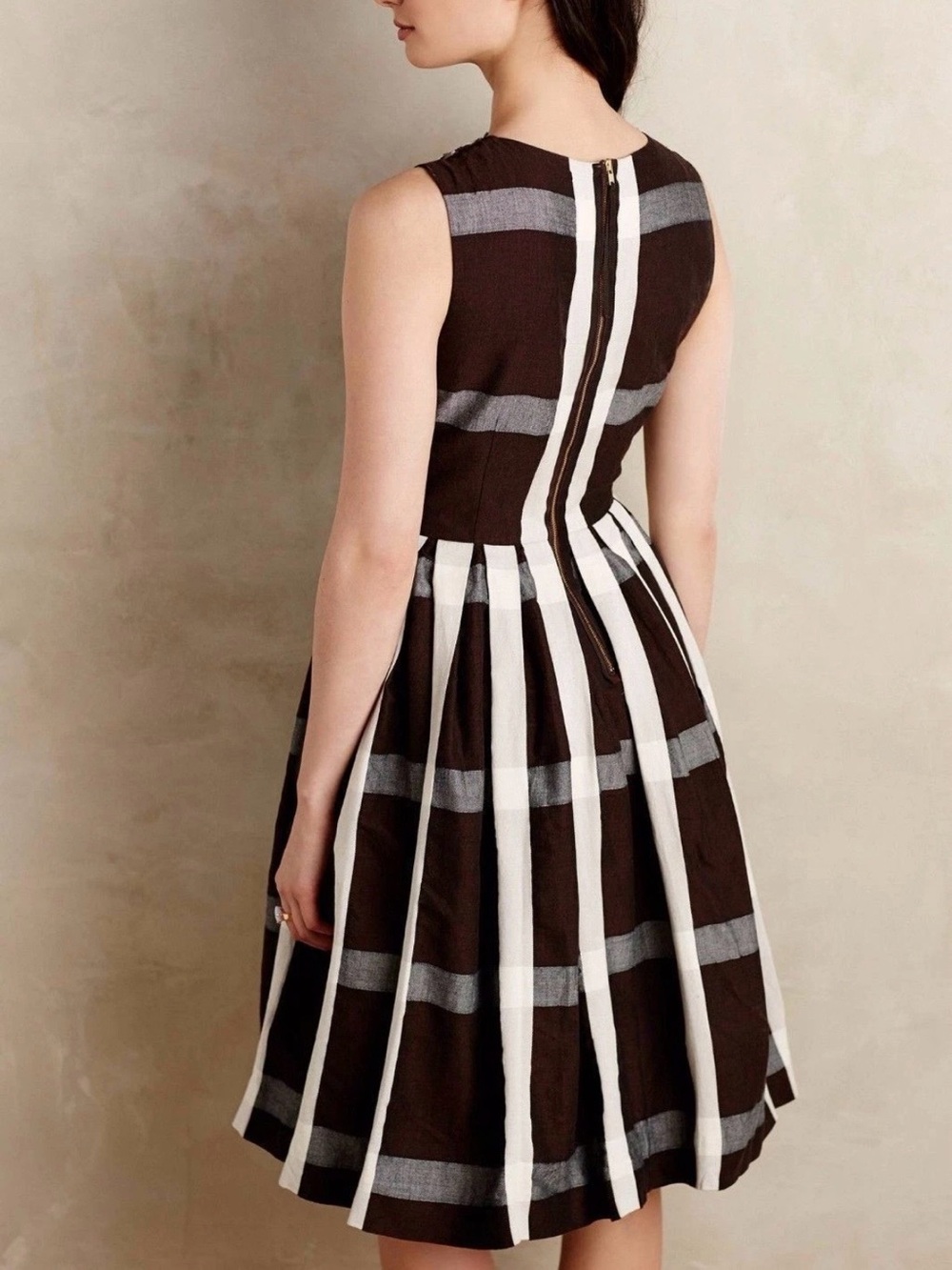 Anthropologie Maeve Beaded Plaid Fit & Flare Midi Dress 6 Brown Cream MSRP $248 - Picture 2 of 15